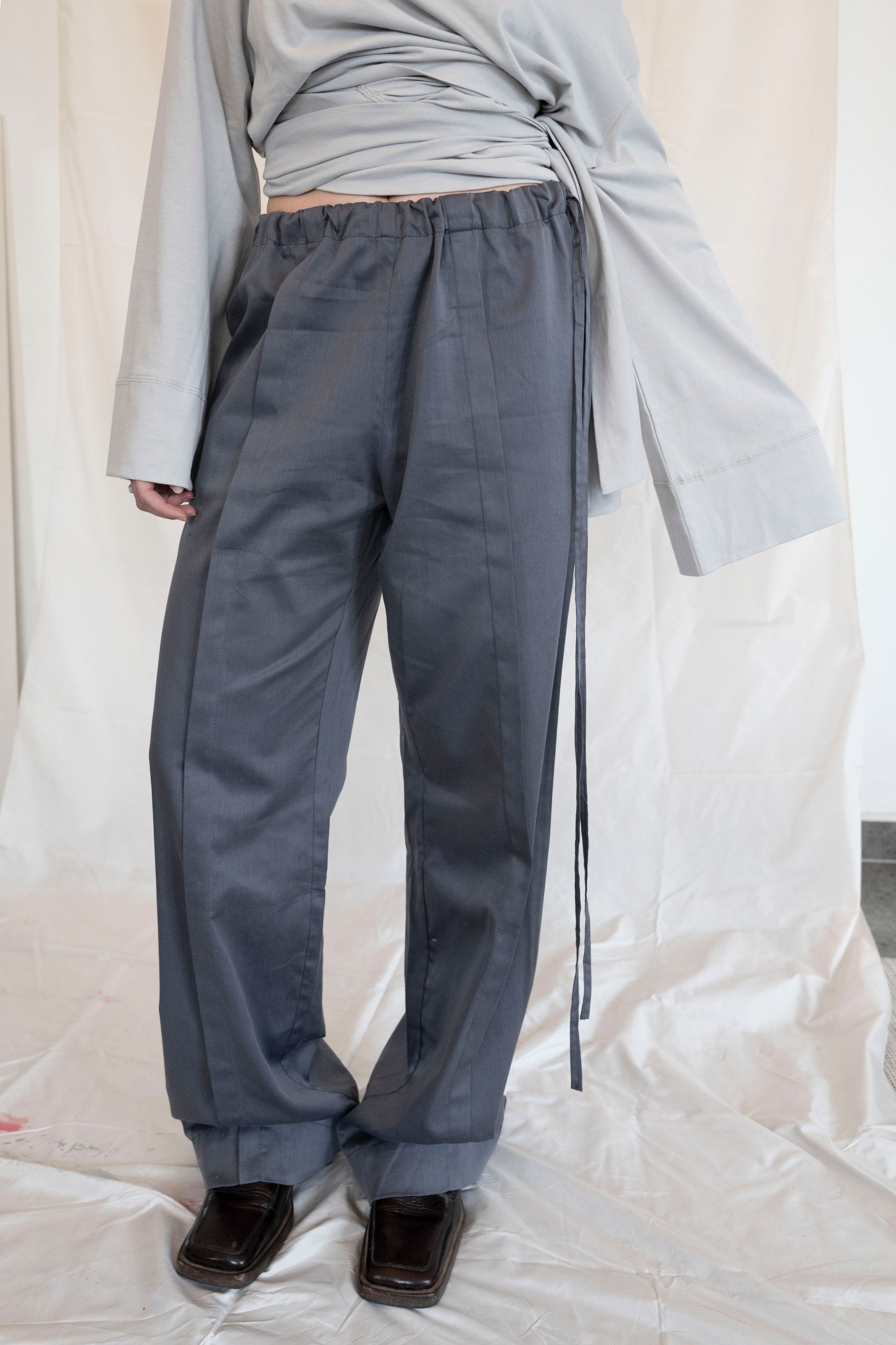 Side Tie Trousers- Steel Gray Cotton