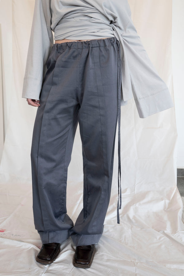Side Tie Trousers- Steel Gray Cotton