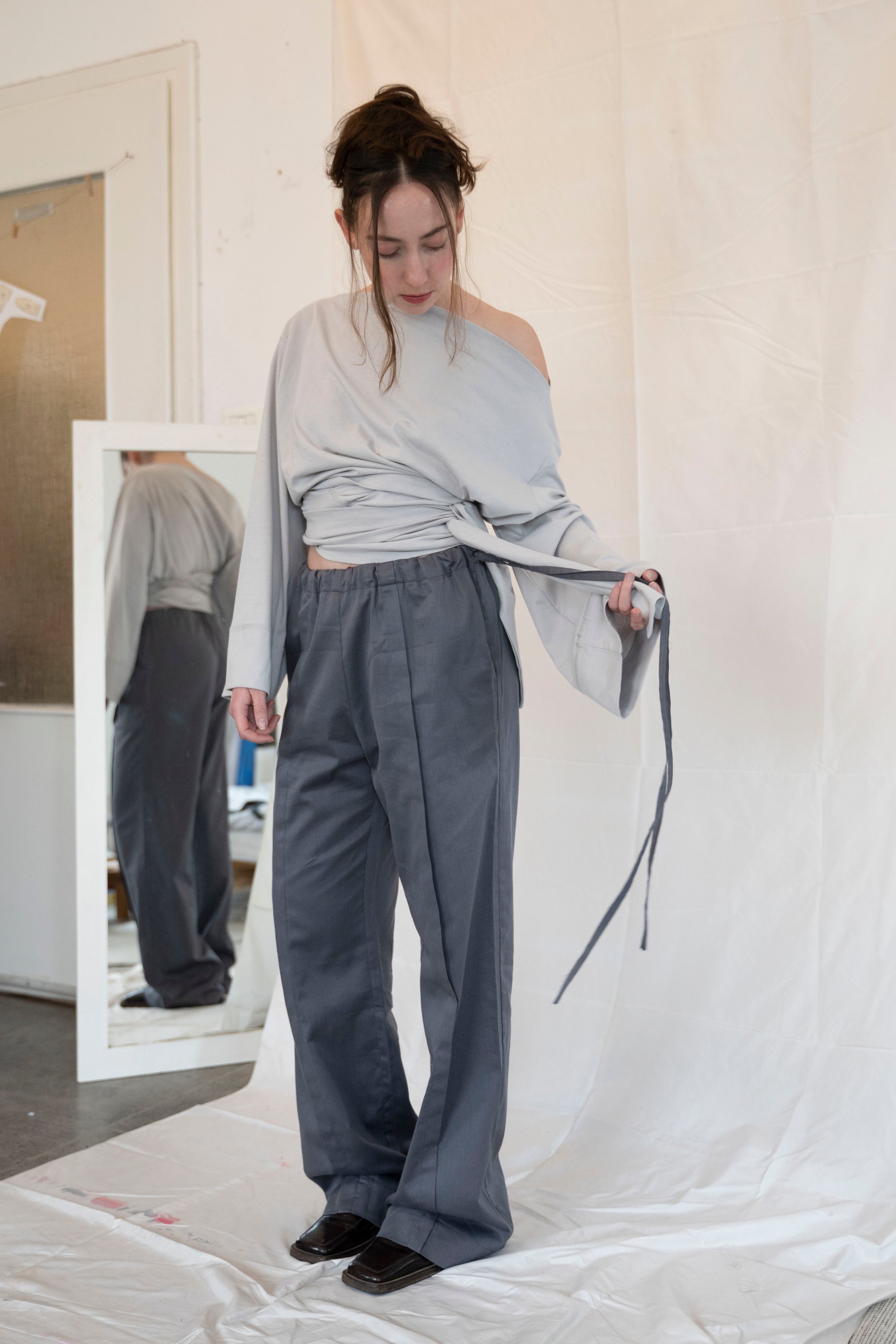 Side Tie Trousers- Steel Gray Cotton