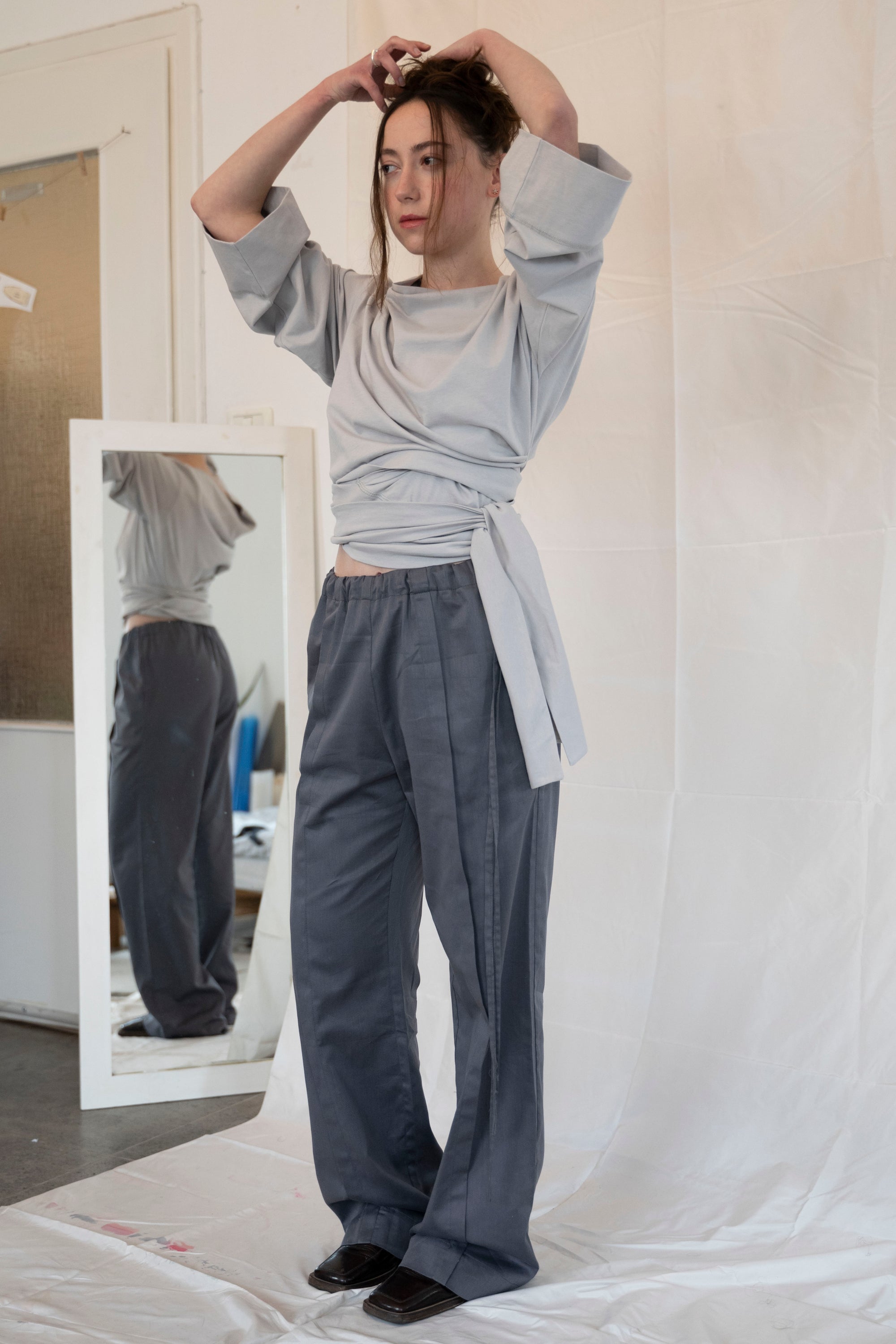 Side Tie Trousers- Steel Gray Cotton