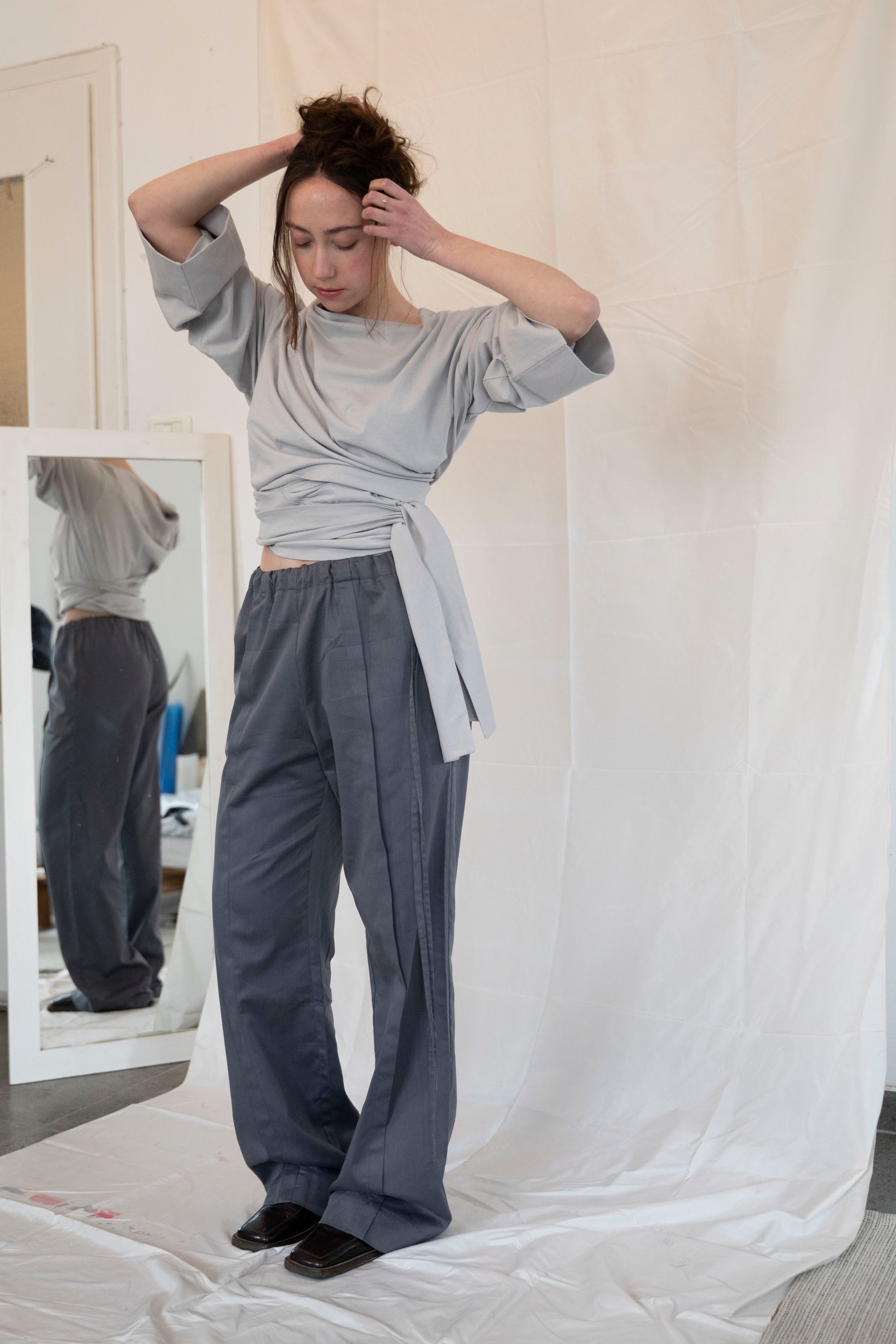 Side Tie Trousers- Steel Gray Cotton