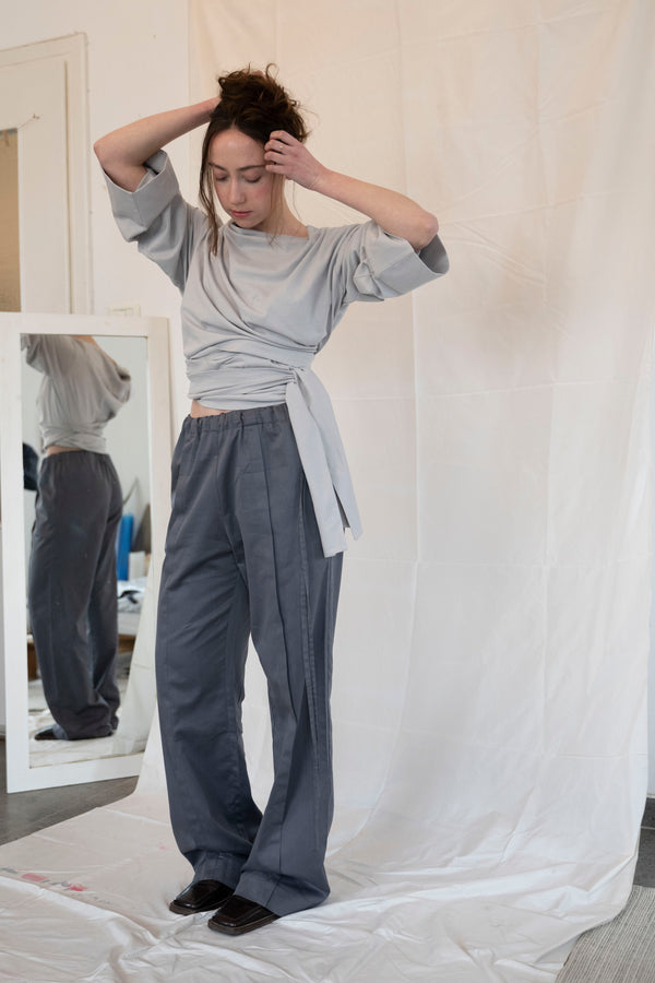 Side Tie Trousers- Steel Gray Cotton