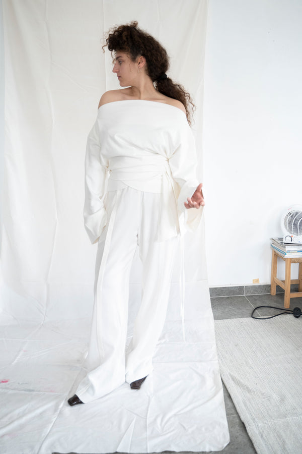 Side Tie Trousers- White Soft Cotton