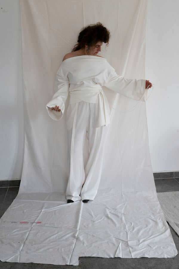 Side Tie Trousers- White Soft Cotton
