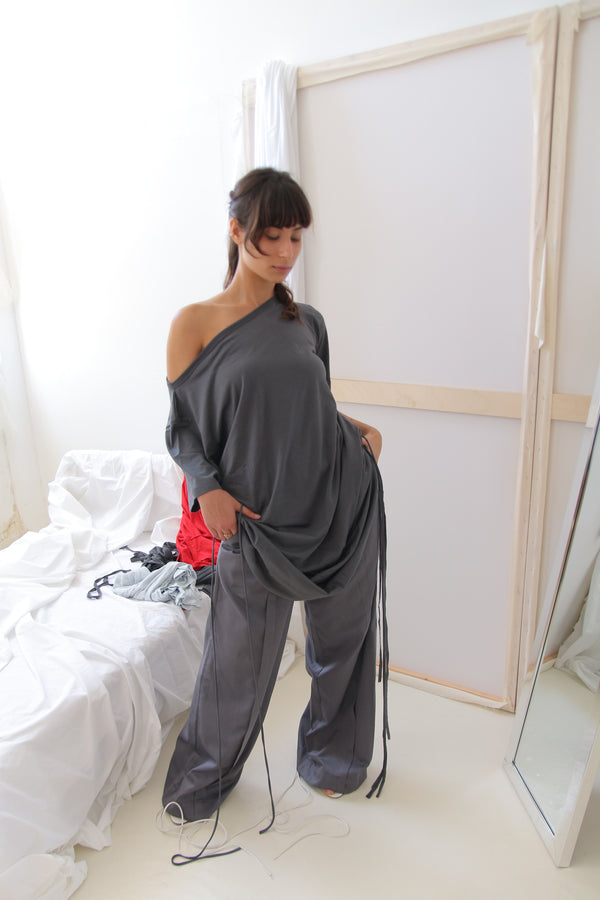 Side Tie Trousers- Steel Gray Cotton