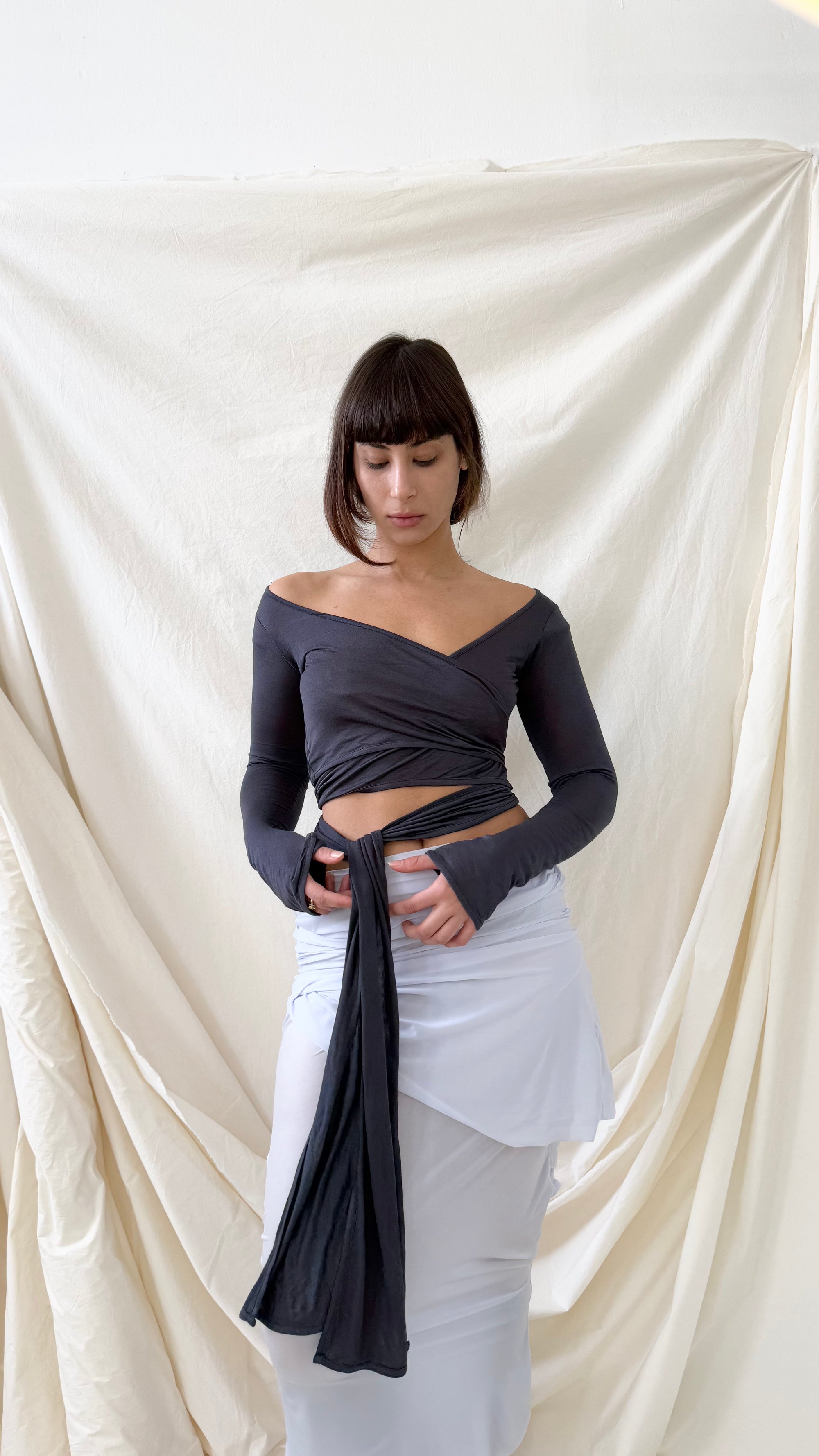 Wrap Long Sleeve- Navy Gray Viscose