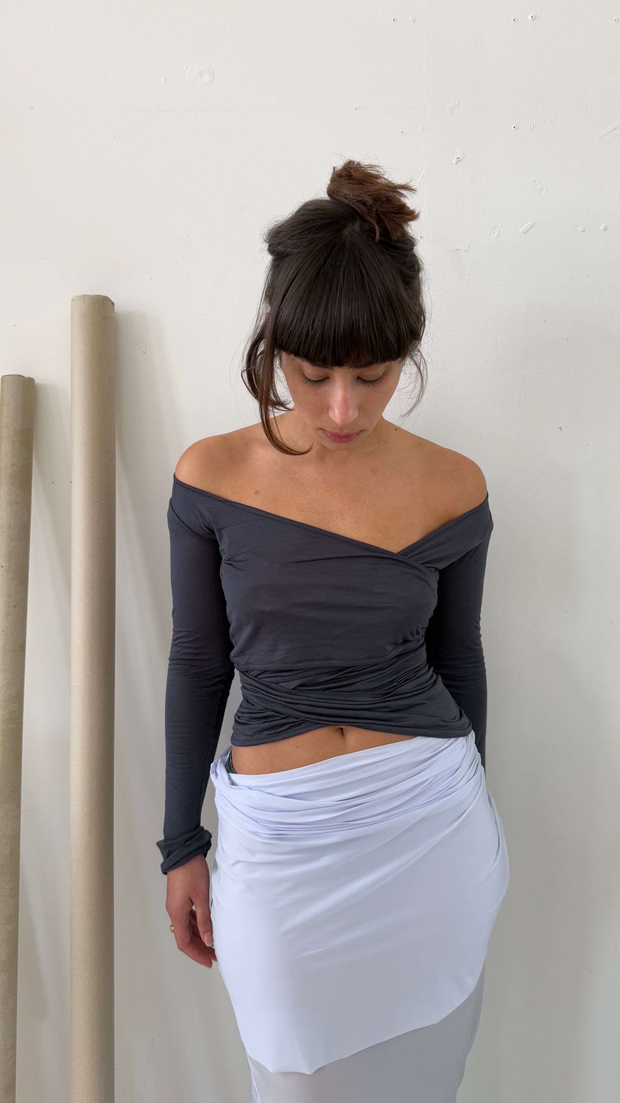 Wrap Long Sleeve- Navy Gray Viscose