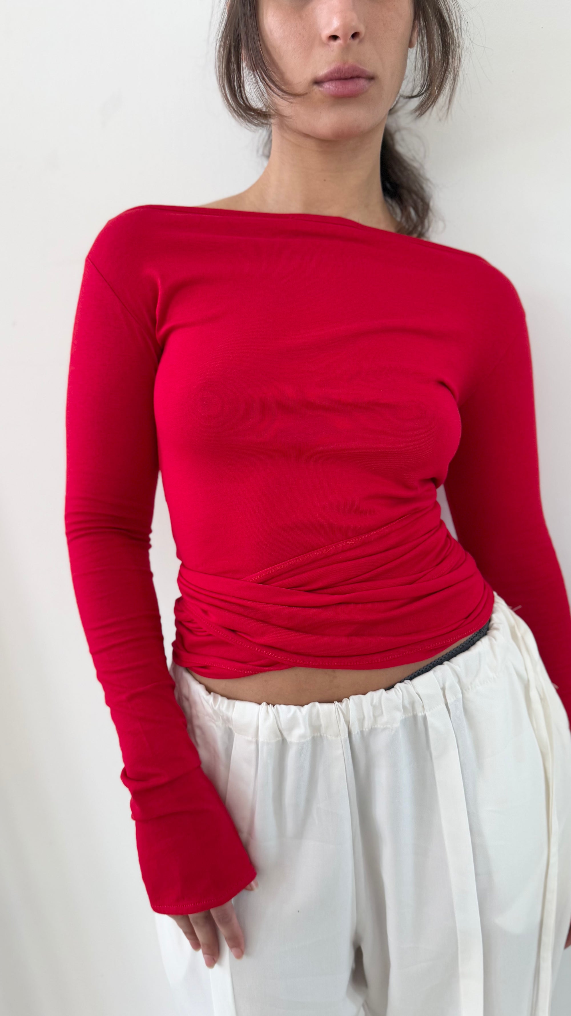 Wrap Long Sleeve- Red Cotton