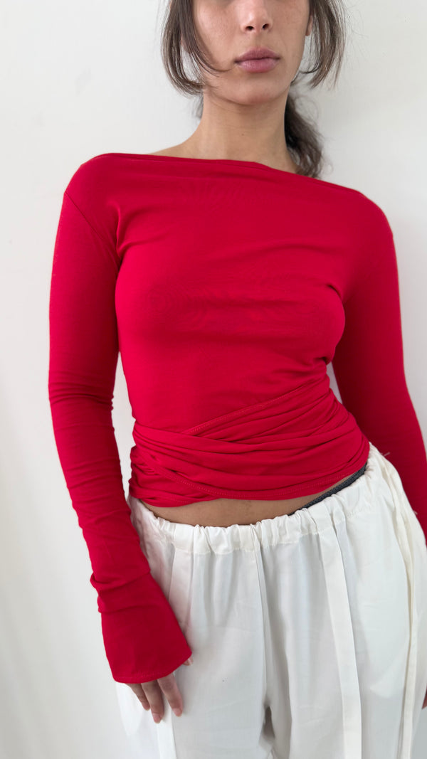 Wrap Long Sleeve- Red Cotton