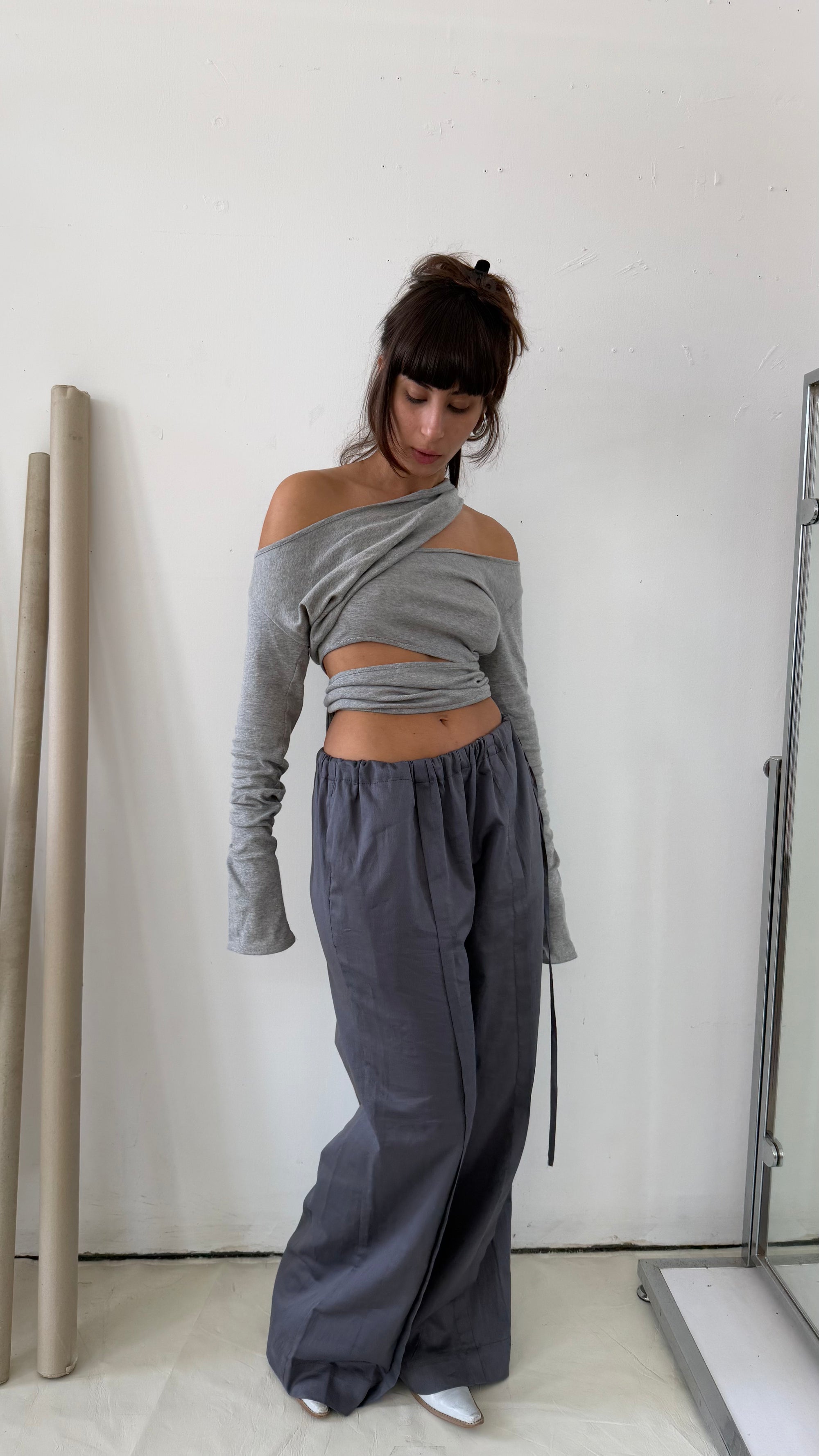 Side Tie Trousers- Steel Gray Cotton