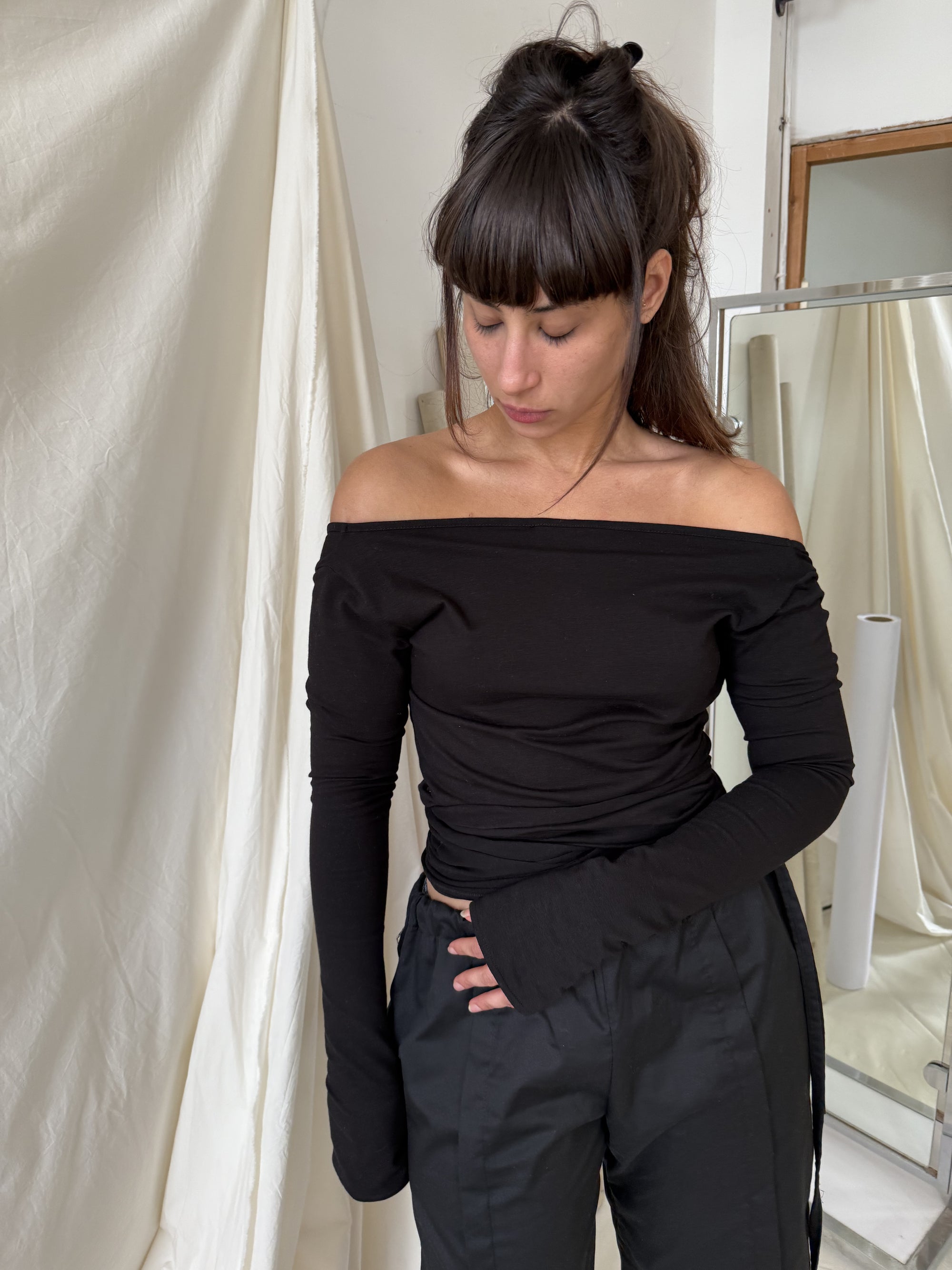 Wrap Long Sleeve- Black Cotton