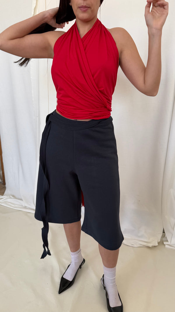 Wrap Bermuda Sweat Pants- Navy Gray Soft Fleece