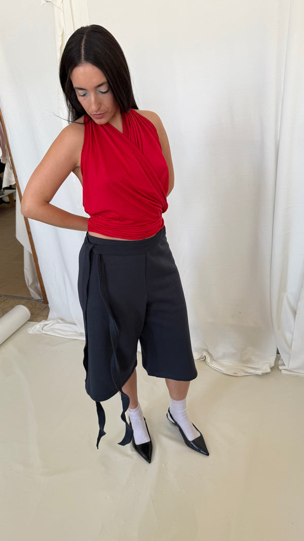 Wrap Bermuda Sweat Pants- Navy Gray Soft Fleece