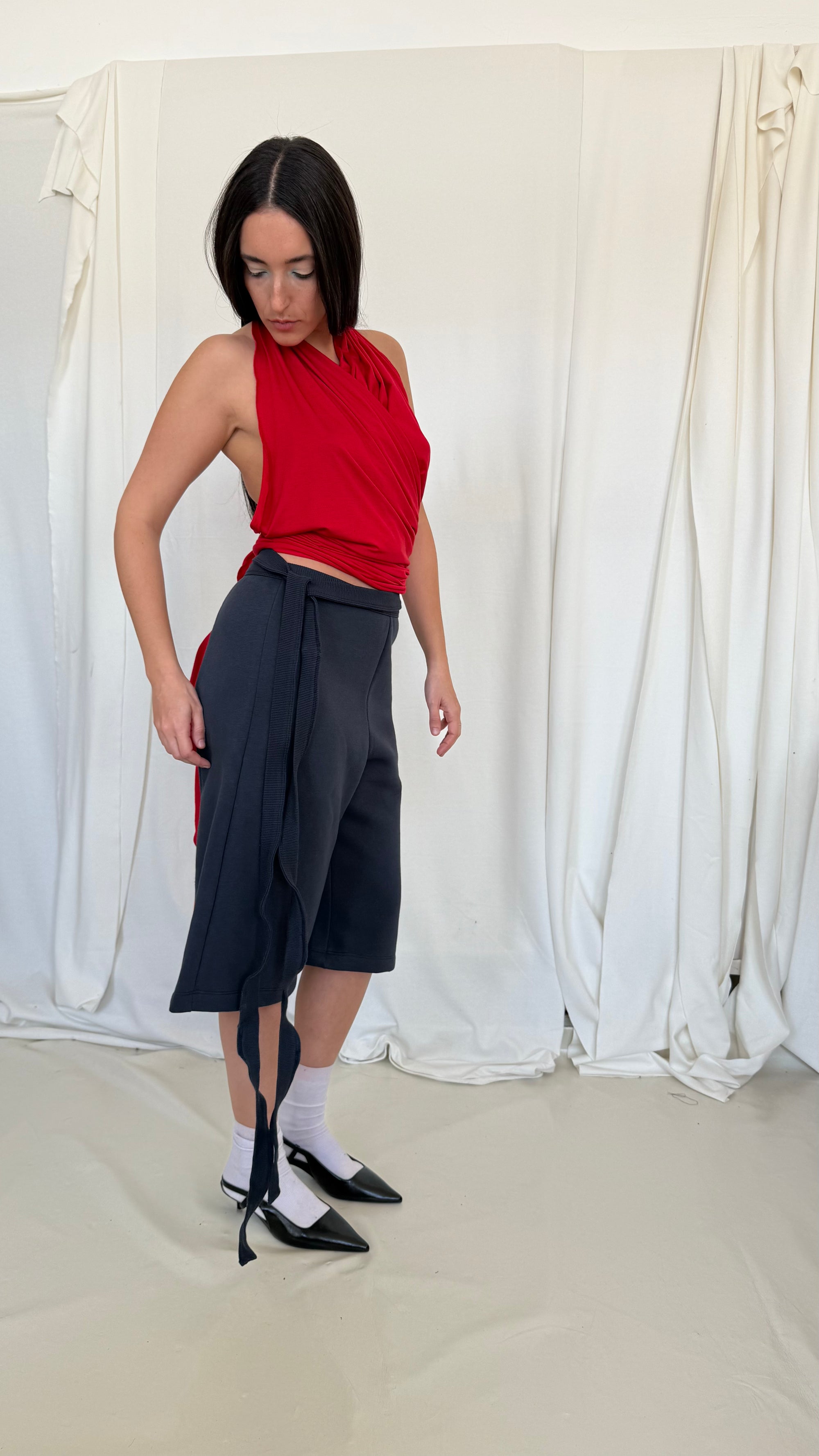 Wrap Bermuda Sweat Pants- Navy Gray Soft Fleece