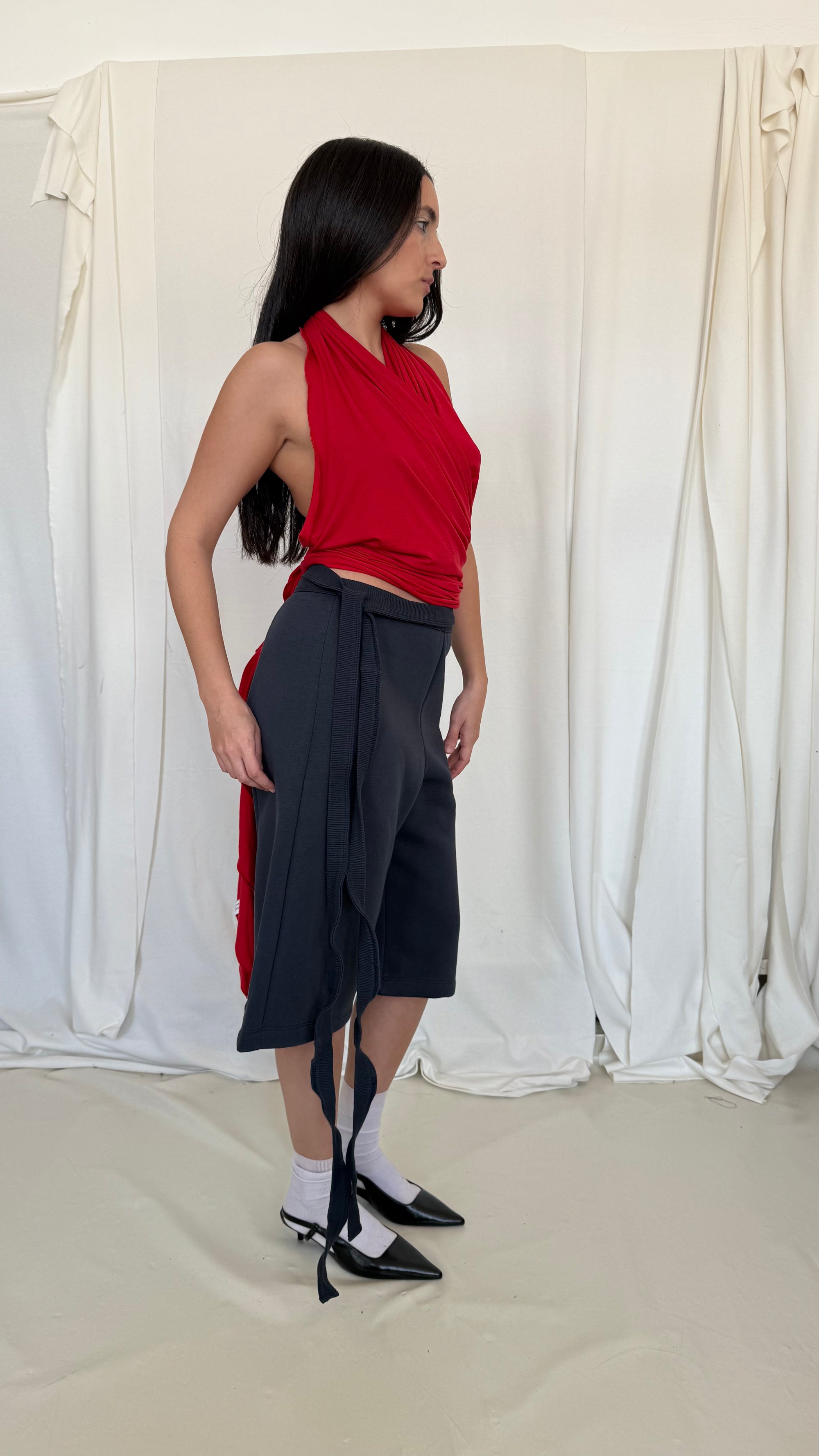Wrap Bermuda Sweat Pants- Navy Gray Soft Fleece