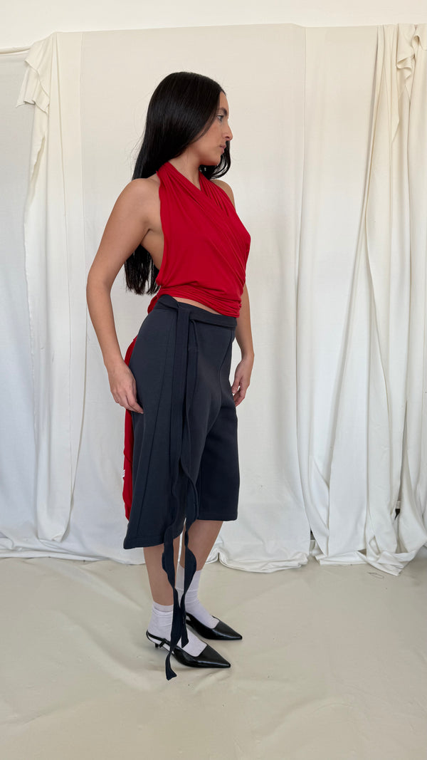 Wrap Bermuda Sweat Pants- Navy Gray Soft Fleece